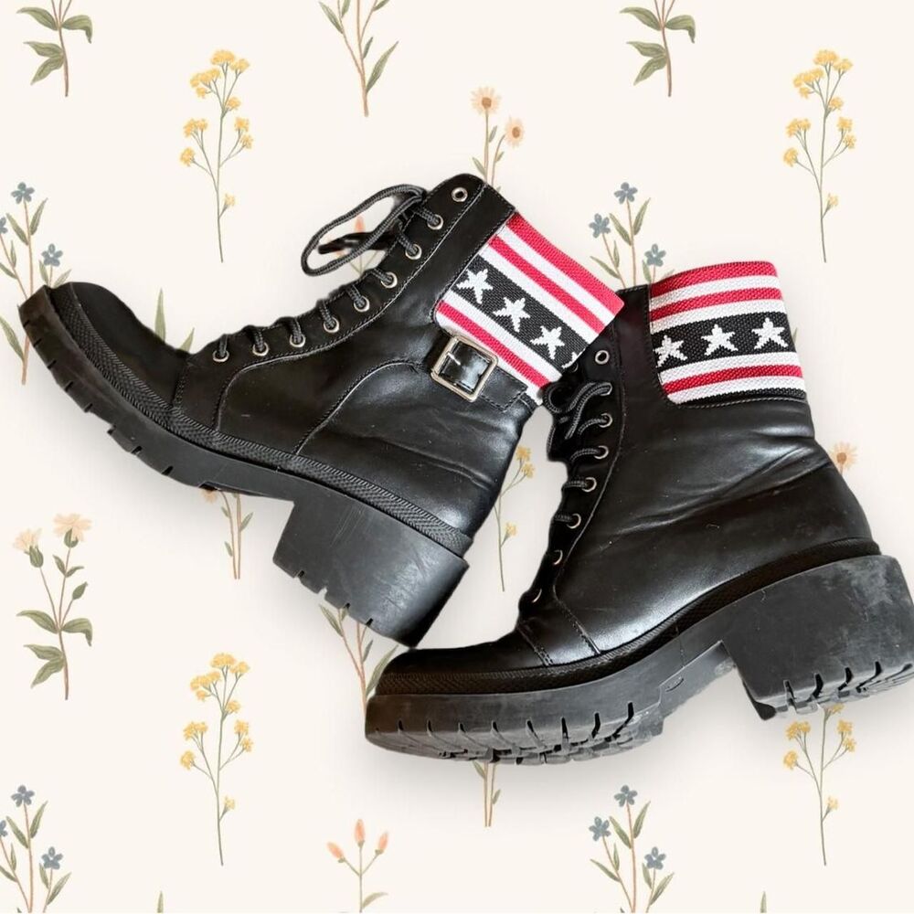 Cape Robbin Grunge Americana Cuff Combat Boots Lace-Up Black Red White Sz 8